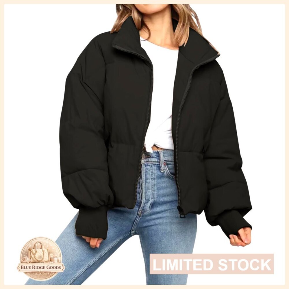 Cropped Puffer Jacket Quilted Polyester Oversized Winter Coat